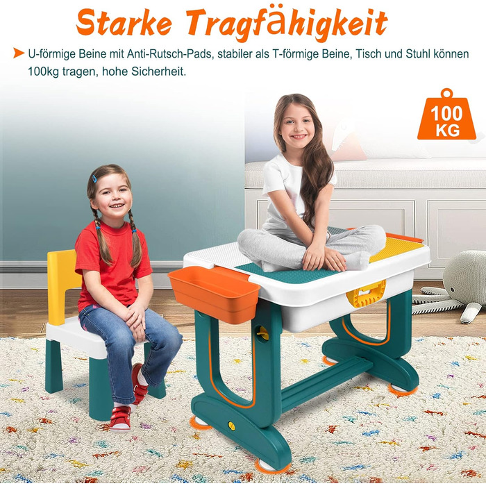 Дитячий стіл зі стільцями LARS360, комплект дитячих сидінь, багатофункціональний стіл з будівельних блоків, стіл для активності, двосторонній стіл для малюків, ігровий стіл для дитячого садка (оснащений 300 будівельними блоками), розміри 63 x 47 x 56 см