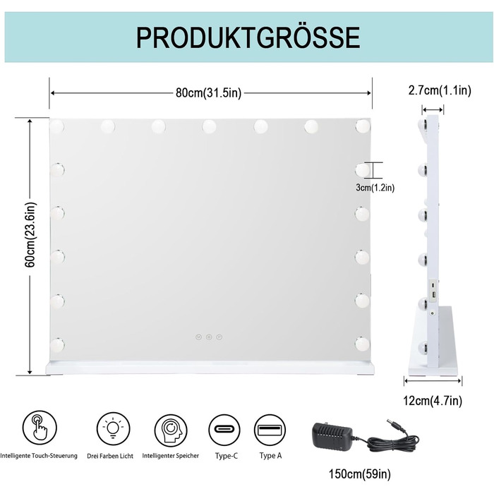 Голлівудське дзеркало LIANWANG 80x60 см з підсвічуванням, 17-світлодіодне дзеркало для макіяжу з регулюванням яскравості світла для макіяжу, дзеркало для макіяжу з 3 колірними температурами, Type C та USB 60L x 80B см біле