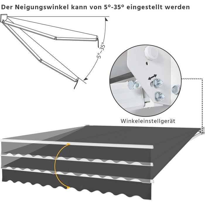 Висувна маркіз Yaheetech, складна маркіз з ручним приводом 300x250 см, регулювання кута нахилу сонячної маркізати (5-35), вкл. настінне кріплення темно-сірого кольору 300 x 250 см темно-сірого кольору