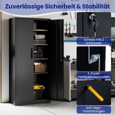 Шафа для документів COSTWAY із замком, металева шафа 180 см з подвійними дверима та 4 регульованими полицями, сталева офісна шафа, багатоцільова шафа/майстерня для офісу, вітальні, гаража, чорна 80 x 40 x 180 см