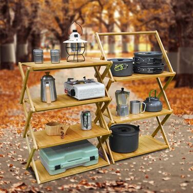 Портативна складна кемпінгова полиця з бамбуковою стільницею, вулична складна шафа для кемпінгу, кухні, телескопічна полиця з 4 рівнями, для грилю на свіжому повітрі, 4 яруси