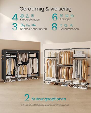 Шафа, Тканинна шафа для спальні, Шафа з вішалкою для одягу, Полиці, Бічні кишені, Велика, 4 відділення для вішалок, 45 x 189 x 180 см, Чорний RYG011BZ02 189B см