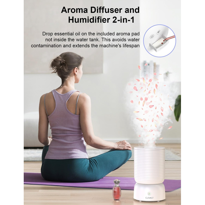 Зволожувач повітря CLEVAST, ультразвуковий зволожувач повітря з верхнім заповненням 3 л Cool Mist безшумний, зволожувач повітря дл