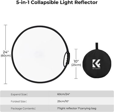 В-1 Рефлекторний фотонабір (60 см), складаний відбивач з сумкою для зберігання та ручкою, напівпрозорий, сріблястий, золотий, білий і чорний круглі відбивачі для фотозйомки, зовнішнє освітлення 56см з ручкою, 5-
