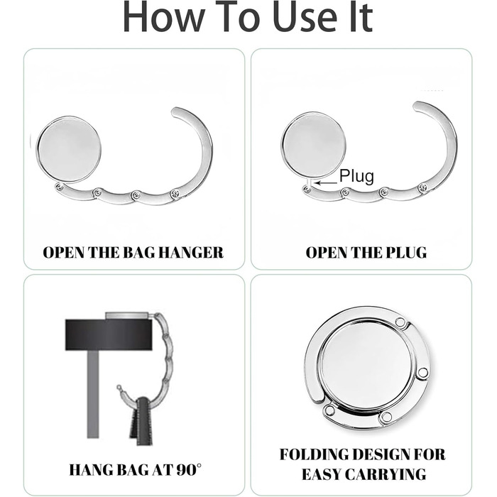 Тримач для сумки на стіл - 4 шт. и складаний протиковзкий гачок для сумки, креативні подарунки для жінок, срібляста металева вішалка для сумок, для столу, офісу, ресторану, бару
