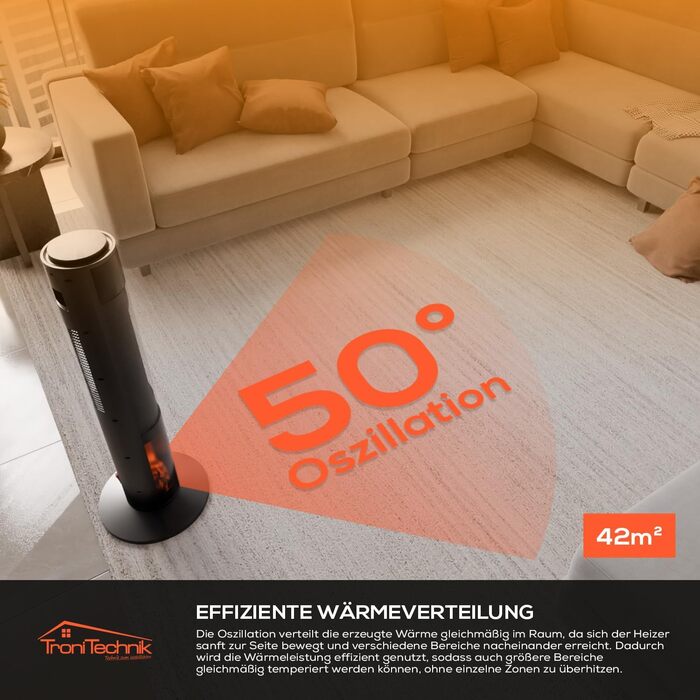 Окремостоячий обігрівач Tronitechnik вежа 1000/2000 Вт з пультом дистанційного керування, таймером, ефектом димоходу, керамічним вежевим обігрівачем, функцією коливань, TT-KH-73 - чорний
