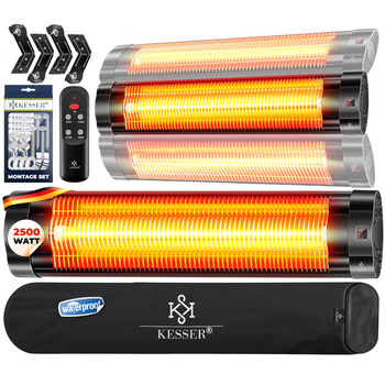 Інфрачервоний обігрівач KESSER потужністю 2500 Вт з пультом дистанційного керування, 3 режими нагріву, миттєвий нагрів, настінне кріплення, обігрівач для патіо, кварцовий обігрівач, обігрівач для патіо, захисний чохол, таймер - чорний