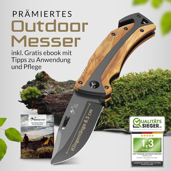 Складаний ніж (дворучний) - Дозволено носіння в Німеччині - Кишеньковий ніж 3-в-1 для відпочинку на природі, кемпінгу та виживання