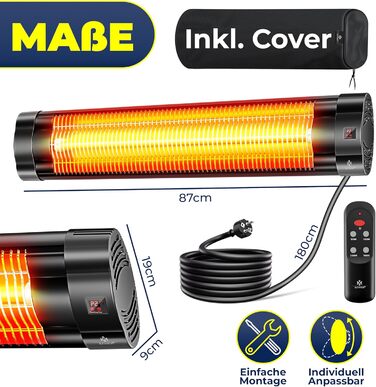 Інфрачервоний обігрівач KESSER потужністю 2500 Вт з пультом дистанційного керування, 3 режими нагріву, миттєвий нагрів, настінне кріплення, обігрівач для патіо, кварцовий обігрівач, обігрівач для патіо, захисний чохол, таймер - чорний