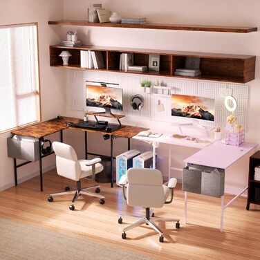 Ігровий стіл із розумним світлодіодним освітленням, L-подібний стіл із подовжувачем для домашнього офісу, кутовий стіл 120-150 см з розеткою, сумка для зберігання, підставка для монітора, вінтажний коричневий колір