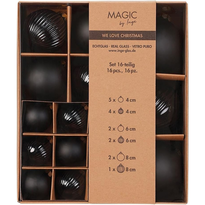 Різдвяні кулькиз рифленими текстурами 16 шт чорні Inge-glas