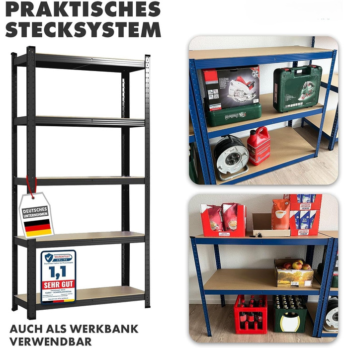 Міцний стелаж etm, упаковка з 2 шт., 200 x 100 x 50 см, чорний Безболтовий стелаж, стелаж для зберігання, окремостоячий стелаж, система складання без інструментів (Lakota, чорний) Чорний 200 x 100 x 50 см