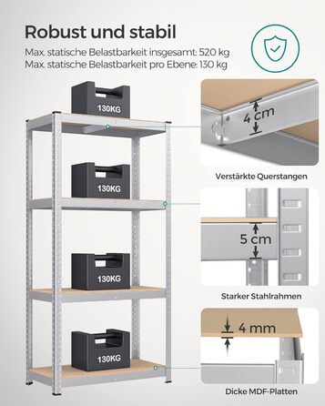 Надміцний стелаж, комплект з 2 шт., підвальні полиці, стелажі для зберігання, 40 x 80 x 160 см, сталевий каркасний стелаж, вантажопідйомність до 520 кг, 4 регульовані полиці, сріблястий GLR044E02 2 сріблястий