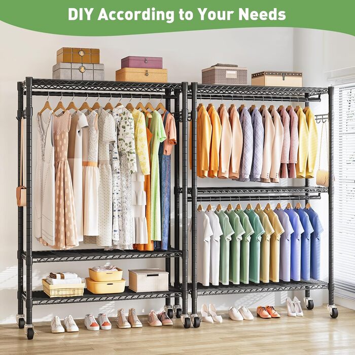 Вішалка для одягу на колесах, штанга для одягу, міцна металева вішалка для одягу, шафа з 3 шт. ангами для одягу та полицею, гачки (чорна, 45 Г x 120 Ш x 205 В) 45 Г x 120 Ш x 205 В Чорний