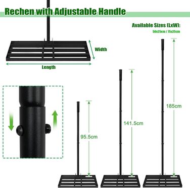 Регульована граблі-рівняч для газону з нержавіючої сталі та ергономічною ручкою. Ідеально підходить для вирівнювання газонів, розпушування ґрунту, піску та догляду за садом, двором, гольф-полем (50 x 25 см, Чорний). Розмір 50x25 см, колір - Чорний.