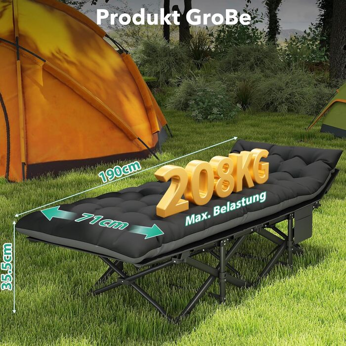 Розкладне похідне ліжко з матрацом, туристичне ліжко, легке, до 208 кг, гостьове ліжко, складне з сумкою для перенесення, сталеве туристичне ліжко для дорослих, для вулиці, приміщень, саду, подорожей, розкладне ліжко, чорне XL 190x735см