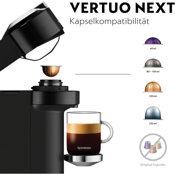 Кавова капсульна машина преміум-класу Nespresso Krups XN9108 Vertuo Next Резервуар для води 1,1 л Розпізнавання капсул за штрих-кодом 6 розмірів чашок Функція вимкнення живлення 54 переробленого пластику Чорний