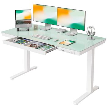Електричний стіл FEZIBO для роботи стоячи зі скляною стільницею, регульована висота, 140 x 60 см, стіл для домашнього офісу, з портами зарядки USB-A-C, біла рама/біла стільниця