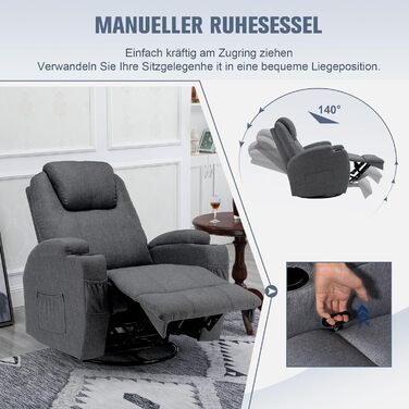 Крісло для телевізора, відкидне крісло, масажне крісло з функцією підігріву та вібрації, пульт дистанційного керування, поворот на 360, лляно-сірий колір