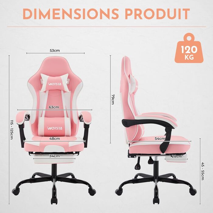 Ігрове крісло, Ігрове крісло, Ергономічне ігрове крісло з підставкою для ніг, Ергономічне офісне крісло з поперековою опорою, Регульована спинка 90-135, Рожевий/Білий