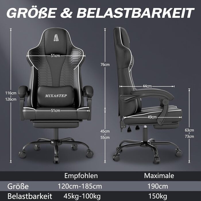 Ергономічне ігрове крісло, офісне крісло з підставкою для ніг, регульоване по висоті та нахилу, надзвичайно широке сидіння (51 см), ергономічна поперекова опора, вантажопідйомність до 150 кг, білий колір