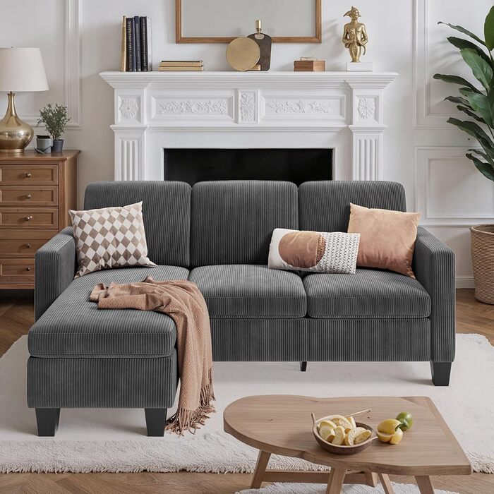 Г-подібний 3-місний кутовий диван Xbro з висувною підставкою для ніг, невеликий кутовий диван з м&39якої вельветової тканини, 188 136,5 89 см, темно-сірий/чорний