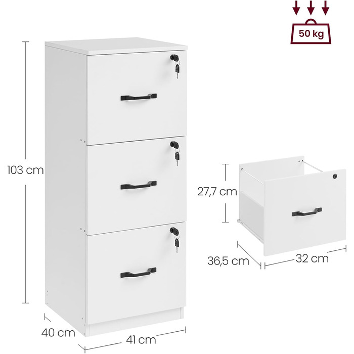 Картотечна шафа VASAGLE, офісна шафа для домашнього офісу, підставка для принтера, з 3 шухлядами, що замикаються, регульовані підвісні рейки, для форматів A4 та Letter, хмарно-білий OFC055W14 хмарно-білий 3 полиці (103 висоти см)