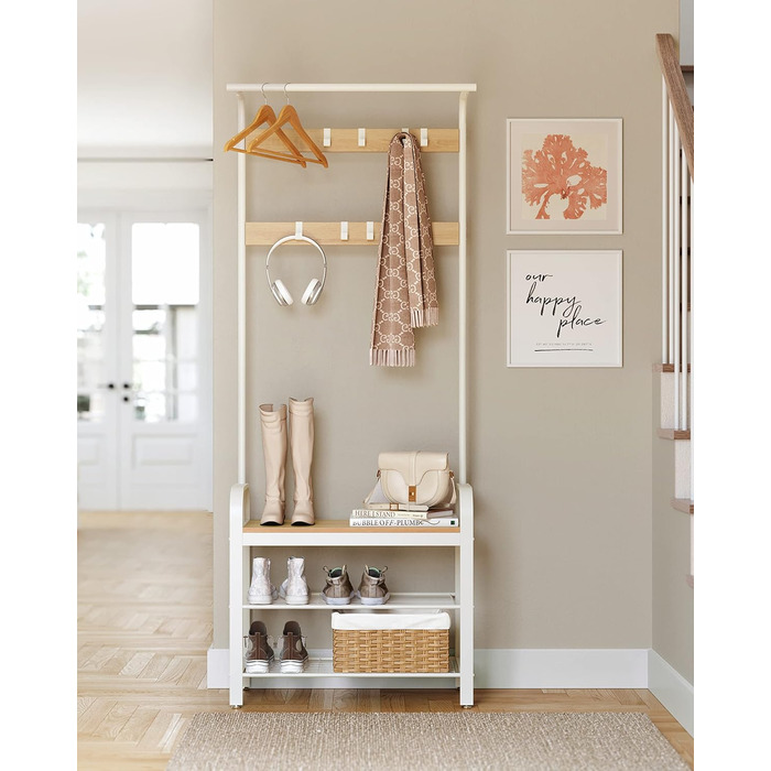 Вішалка для одягу VASAGLE, Шафа з лавкою для взуття, Дизайн 4-в-1, 9 знімних гачків, Штанга для одягу, Вхідна зона, Коридор, 33,7 x 72 x 183 см, Сучасний, Дубово-білий HSR40W 72B см Кремовий