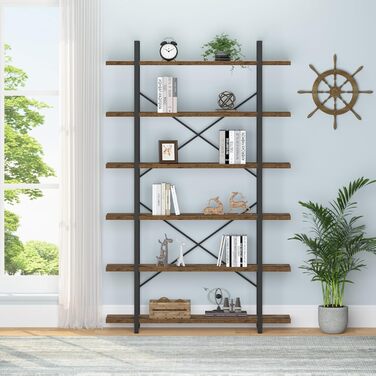 Дерев&39яна книжкова полиця HSH, 6-ярусна окремостояча полиця, промисловий дизайн офісної полиці, відкриті полиці для вітальні, офісу, спальні, кухні, рустикальний коричневий колір, 120 x 32 x 216 см, 6 ярусів