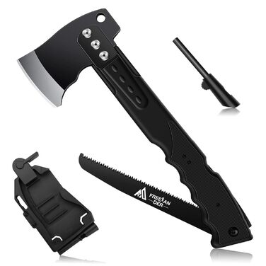Універсальний туристичний сокира-ніж Freelander 5-в-1 з пилкою, піхвами та свистком, 34 см, для кемпінгу, походів та виживання, чорний