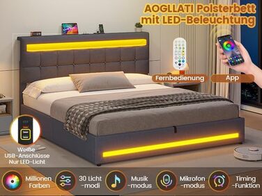 М&39яке ліжко 160x200 см із зарядною станцією та світлодіодним освітленням, каркас двоспального ліжка з місцем для зберігання, узголів&39ям та рейковою основою, плаваючий візуальний ефект, сучасний лляний каркас ліжка, матрац не входить до комплекту, темн