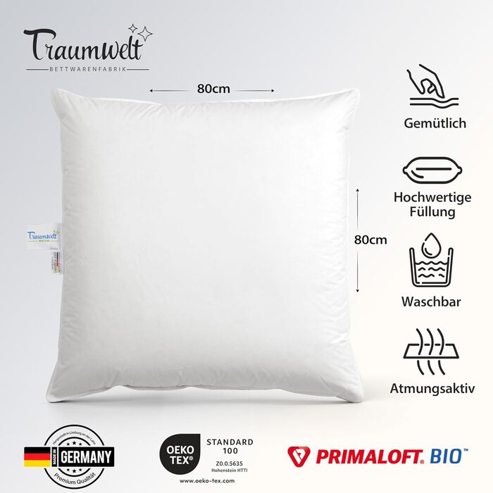 Подушка, виготовлена в Німеччині, 80x80 см, з наповнювачем з органічного мікрофібри Primaloft, білого кольору, вага наповнювача 1500 г. Підходить для алергіків, сертифікована Oeko-Tex Standard 100, біорозкладна, кліматично нейтральна (2 шт.) 80 x 80 см 2
