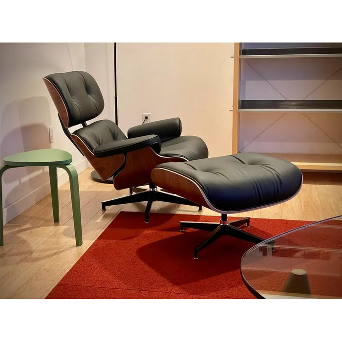 Крісло-рекламо з натуральної шкіри з пуфом, сучасне крісло під телевізор, обертовий шезлонг з пуфом, фіксований кут нахилу 105, унікальний дизайн з м&39якою подушкою, чорний каркас з горіхового дерева