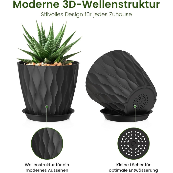 Квітковий горщик 17,6 см, набір із 5 товстих пластикових горщиків для рослин з блюдцями та дренажними отворами, кашпо з 3D хвилеподібною текстурою для рослин-зміїків, рослин-павуків та кімнатних/вуличних рослин, чорний, Ø 17,6 см, 5 шт. у упаковці