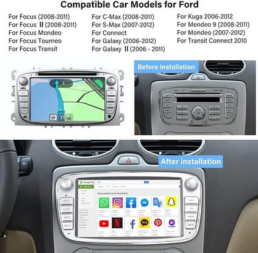 Автомобільна стереосистема YUNTX Android 12 для Ford Focus/Mondeo/S-Max/Connect (2008-2011) Радіоприймач з GPS Navi-CarPlay/Android Auto/Bluetooth 5.0/DAB/USB/WiFi/4G/Mirrorlink-Free камераCanbusMIC-2 Din IPS 7 дюймів 2G32G-сріблястий