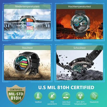 Військовий смарт-годинник для чоловіків, годинник для активного відпочинку на природі зі 100-денним часом автономної роботи/дзвінки через Bluetooth/ліхтарик/компас/пульсометр/монітор сну SpO2/100 спортивних режимів, фітнес-трекер/2 браслети/IP68, годинник