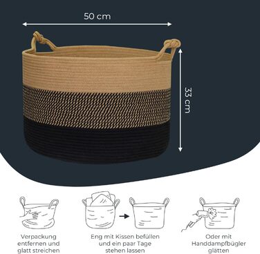 Кошик для зберігання HMF з ручками у формі щасливого вузла, великий бавовняний кошик 50 x 33 см Чорно-медовий
