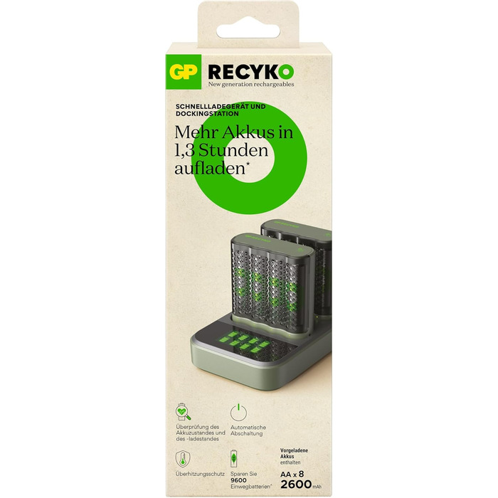Док-станція GP ReCyko USB з 2 USB-зарядними пристроями GP M452, включаючи 8 батарей ReCyko AA 2600mAh, зарядний пристрій для батарей AA AAA зі світлодіодними індикаторами та док-станцію