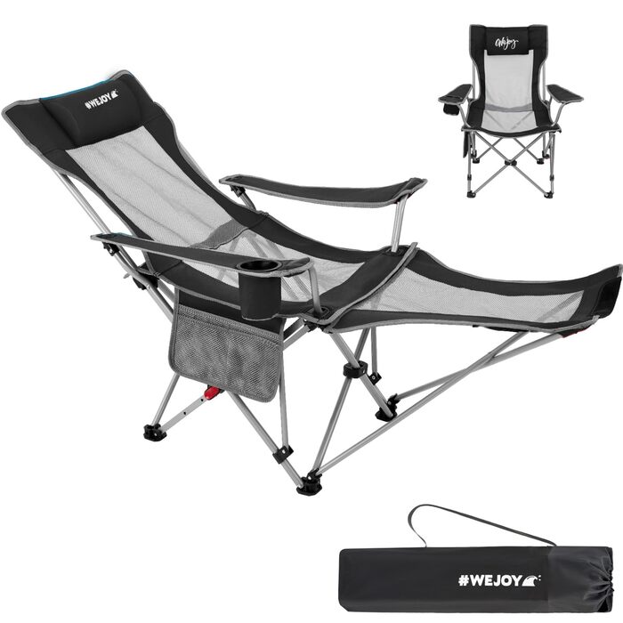 В-1 складне кемпінгове крісло, пляжне крісло з регульованою спинкою та підставкою для ніг, розслаблююче крісло/шезлонг з підставкою для чашок, рибальське крісло для кемпінгу на свіжому повітрі A*mesh - чорний/сірий, 2-