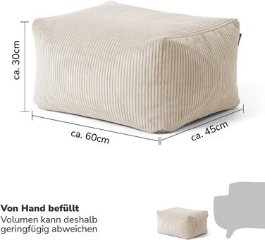 Пуф або табурет мокебо з вельветовим чохлом The Calm One, табурет або пуф для сидіння з наповнювачем з EPS-бісеру, також як пуф для ніг з вельвету або журнальний столик для вітальні розміром 65x55x35 см (Ш/Г/В) бежевого кольору, квадратний, вельветова тка