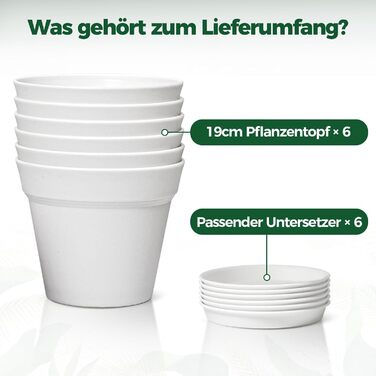 Пластиковий квітковий горщик 19 см з блюдцем, набір із 6 пластикових горщиків для трав з кількома дренажними отворами, круглий горщик для сукулентів у приміщенні та на балконі, білий/розкішний сад 19 см, 4U