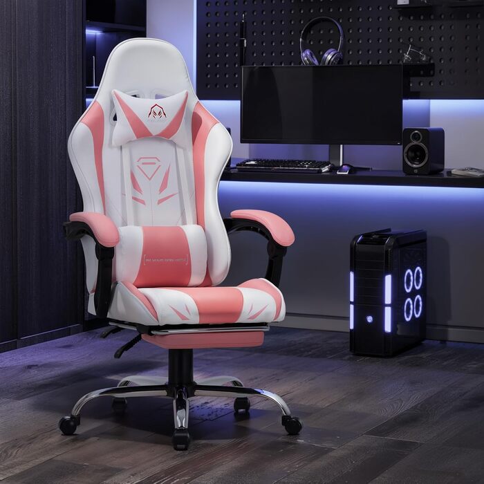 Ігрове крісло COLAMY, комп&39ютерне крісло з підставкою для ніг та поперековою опорою, регульоване по висоті ігрове крісло з поворотним на 360 сидінням та підголівником, крісло для відеогеймерів, ергономічна висока спинка, рожевий сучасний колір