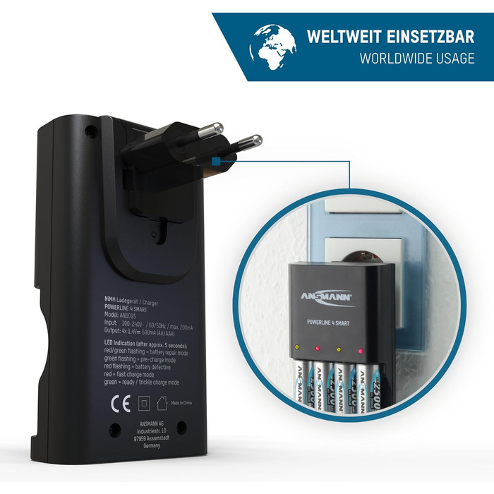 Зарядний пристрій ANSMANN &39Powerline 4 Smart&39 для 1-4 батарейок типу AA та AAA, включаючи 4 батарейки Ansmann NiMH AAA 1100 - Зарядний пристрій для NiCd та NiMH акумуляторів з індивідуальним контролем слотів, включаючи 4 батарейки типу AAA по 1100 мАг
