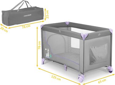 Дитяче ліжечко Ricokids з матрацом 125 x 65 x 78 см, дорожнє ліжечко, вагою до 15 кг, 2 колеса з гальмами, знімний бічний вхід, сумка для перенесення, складна, компактна, світло-сіра, лавандова