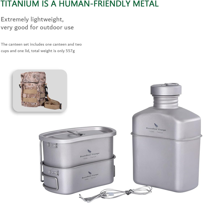 Набір титанових фляг iBasingo, найлегший військовий посуд, пляшка для води на 1100 мл, каструля на 750 мл та 400 мл з кришкою, підвісний сталевий трос та камуфляжна сумка, посуд для кемпінгу, походів на природі Ti2049C