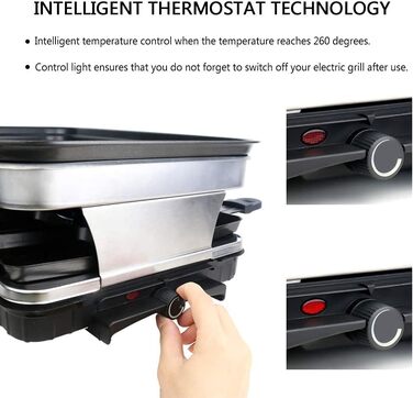 Раклетний гриль на 8 осіб з антипригарним покриттям, раклет з 8 міні-сковородами для раклету та 4 дерев'яними лопатками, плавно регульована температура, 1500 Вт, нержавіюча сталь 8 осіб