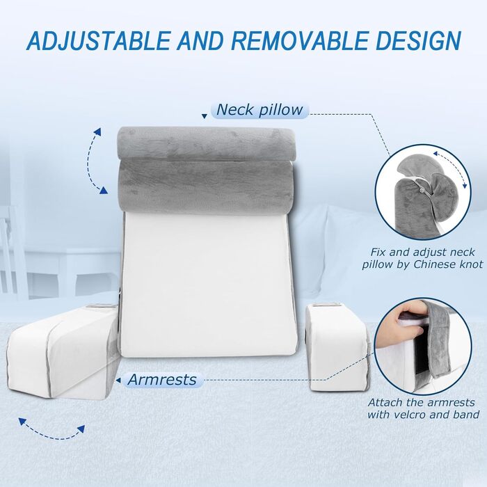 Подушка для читання HOMCA для ліжка та дивана, подушка для книги зі знімним валиком для шиї та підлокітником, подушка для спини для ліжка, настінна подушка, багатофункціональна клиноподібна подушка для читання, роботи, перегляду телевізора (36x40x48 см)