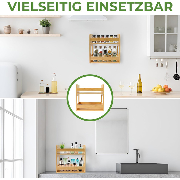 Бамбукова підставка для спецій для настінного або окремого використання, кухонна полиця з 2 місткими полицями, 28 x 28 x 11,5 см, підставка для спецій для зберігання контейнерів для спецій та трав (сучасна велика)