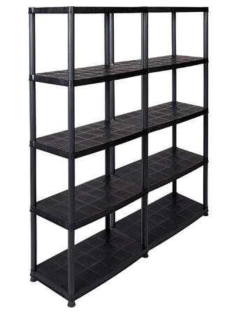 Набір Kreher Value з 2 пластикових стелажів, підвальні стелажі, стелажі для зберігання, 5 полиць чорного кольору. Максимальне навантаження 150 кг на полицю. 71 x 38 x 171 см (В). Сертифіковано TV Rheinland.