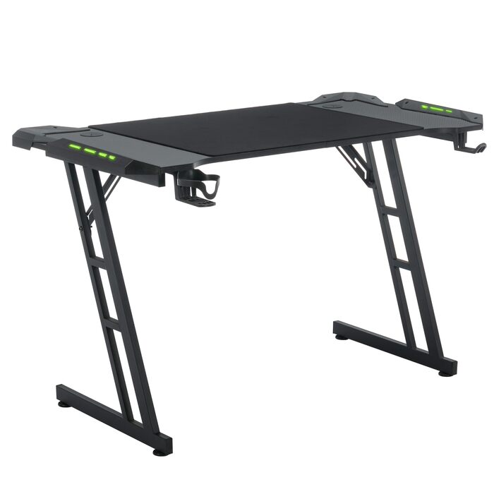Ігровий стіл 120 x 60 см, Z-подібна рама для ігрового столу з RGB-підсвіткою, комп&39ютерний стіл з вуглецевим волокном, ергономічний ПК-стіл з гачком для навушників та підставкою для склянок, чорний 120 x 60 см, чорний з RGB-підсвіткою